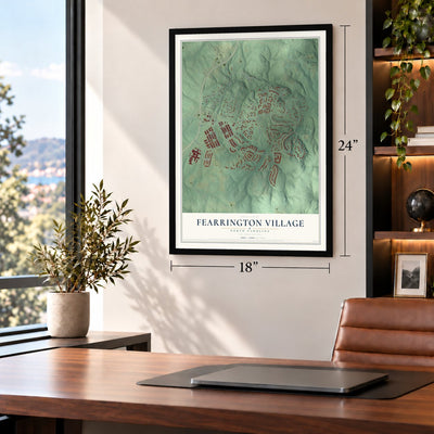 Fearrington Village, North Carolina map, 18 x 24 inch print in a black frame in a home office