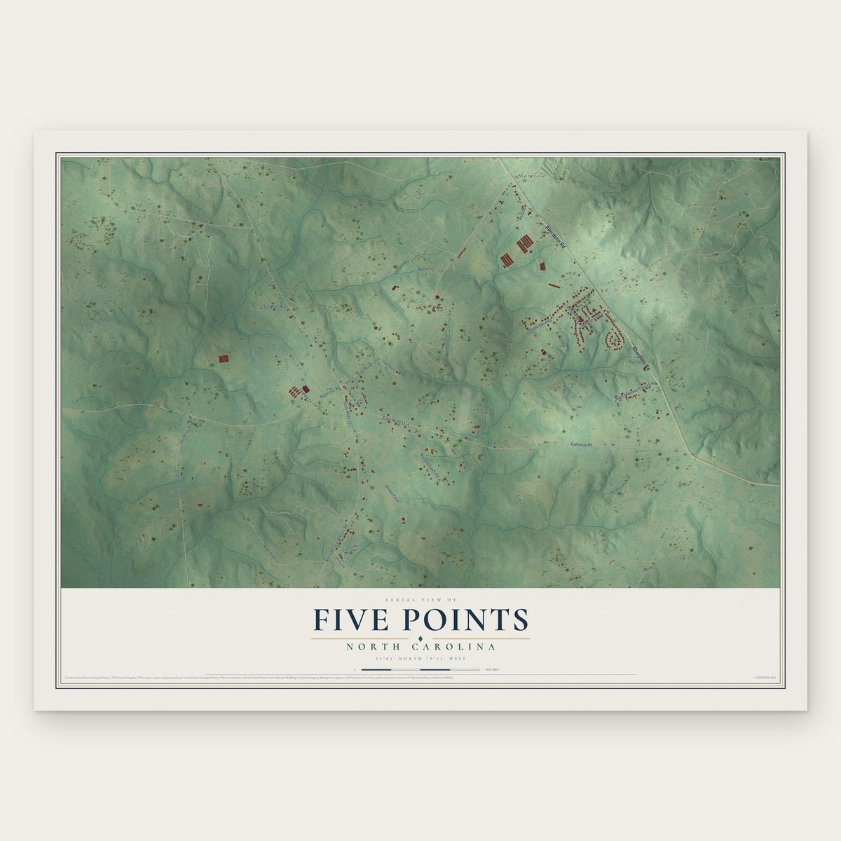 Five Points, North Carolina map print, the full design
