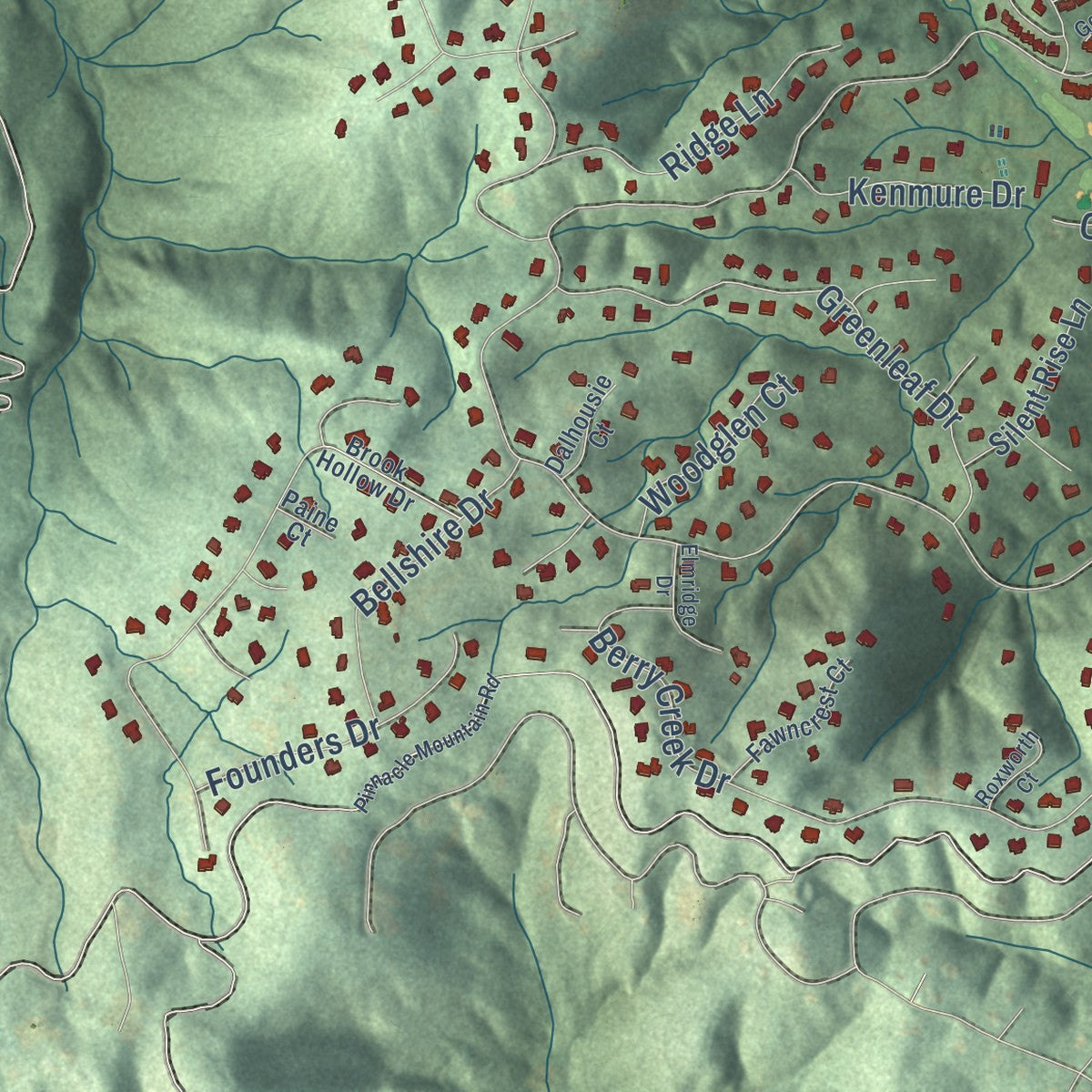 Close-up of the map of Flat Rock, North Carolina print showing street and building detail