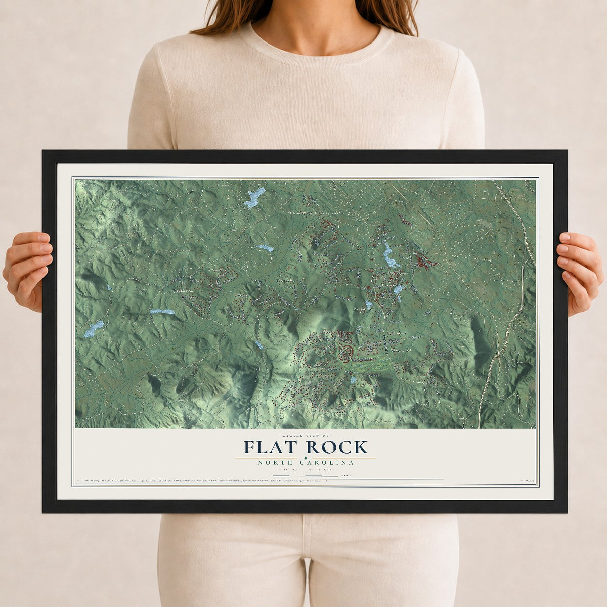 Map of Flat Rock, North Carolina, 12 x 18 inch print in a black wood frame