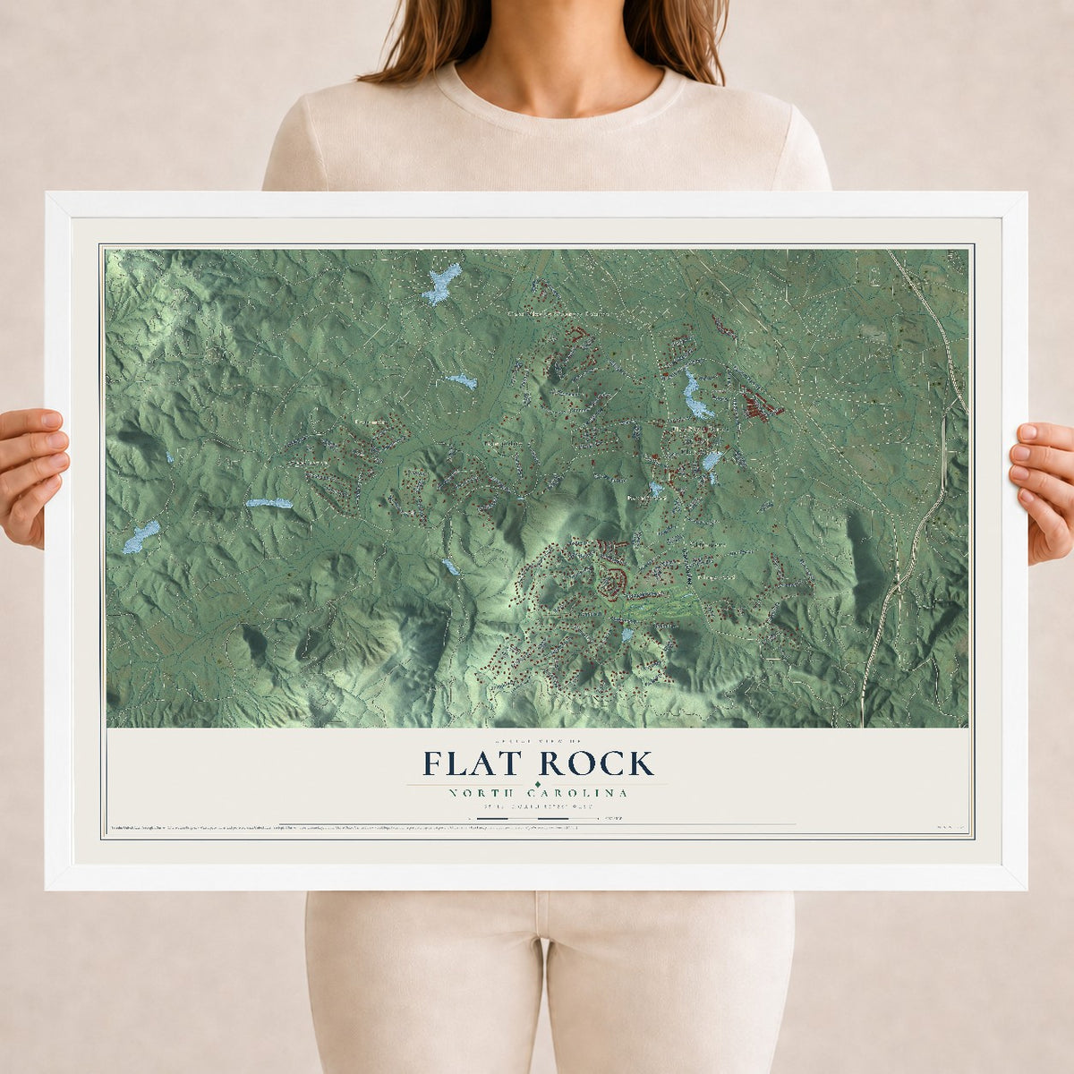 Map of Flat Rock, North Carolina, 18 x 24 inch print in a white wood frame