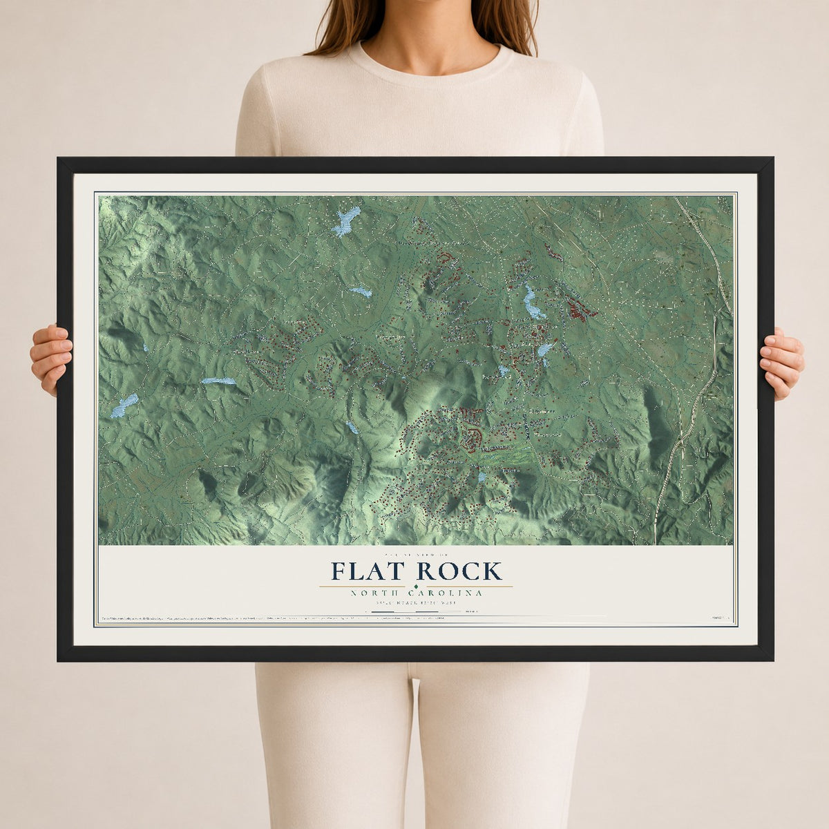 Map of Flat Rock, North Carolina, 24 x 36 inch print in a black wood frame