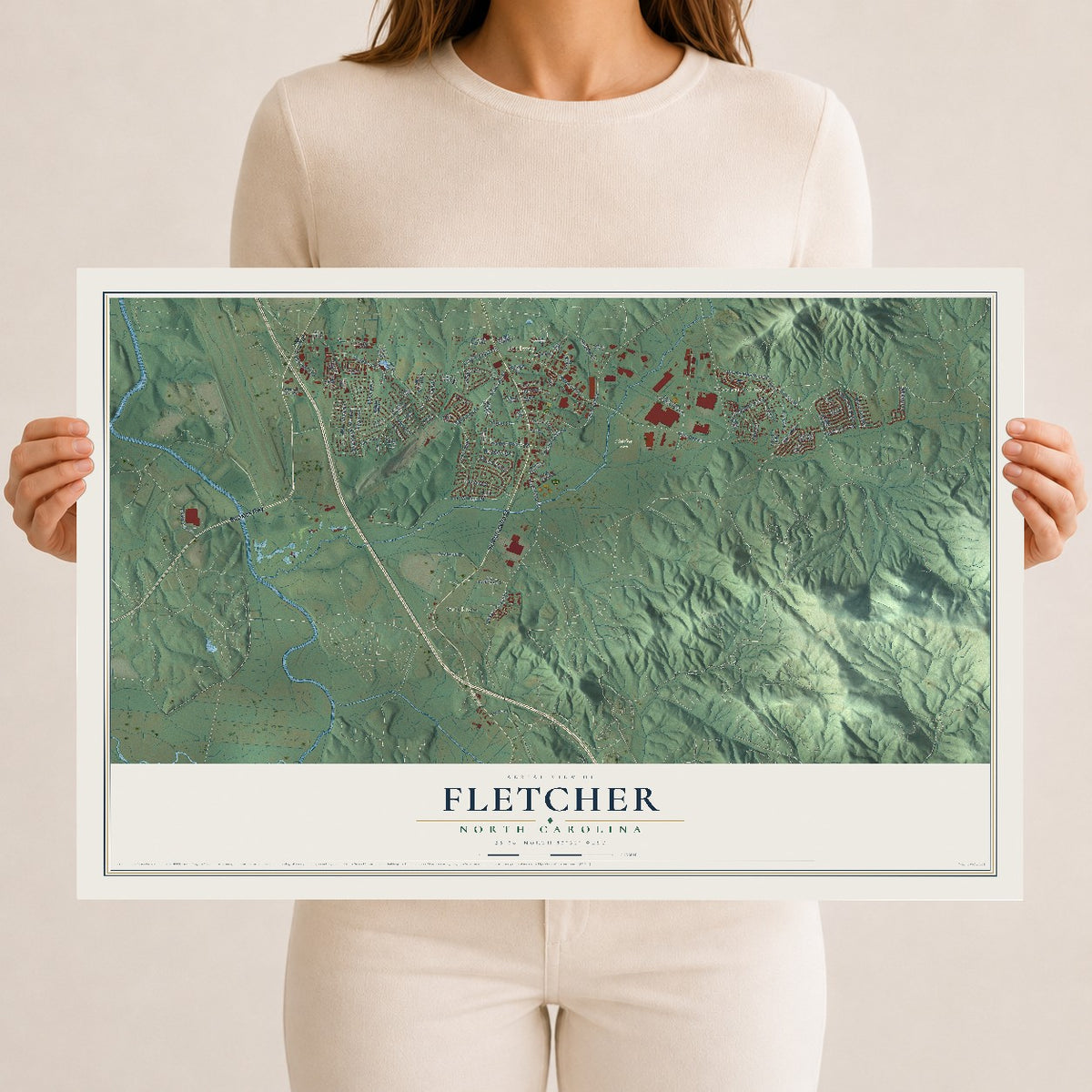 Map of Fletcher, North Carolina, 12 x 18 inch unframed archival matte print