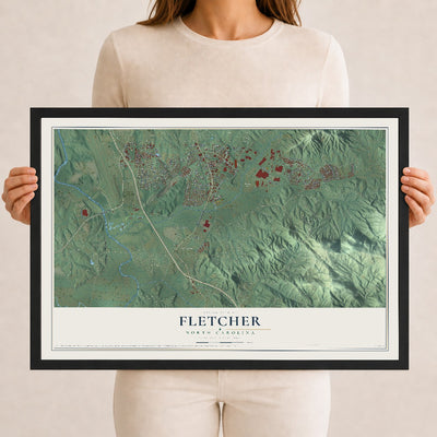 Map of Fletcher, North Carolina, 12 x 18 inch print in a black wood frame