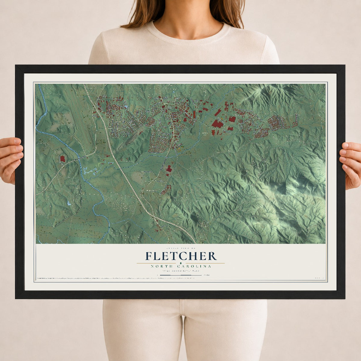 Map of Fletcher, North Carolina, 18 x 24 inch print in a black wood frame