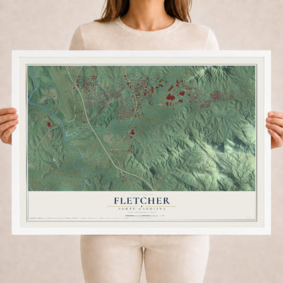Map of Fletcher, North Carolina, 18 x 24 inch print in a white wood frame