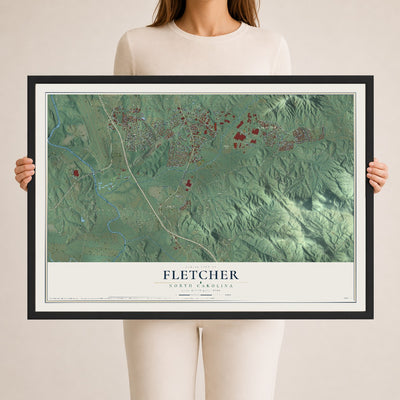Map of Fletcher, North Carolina, 24 x 36 inch print in a black wood frame