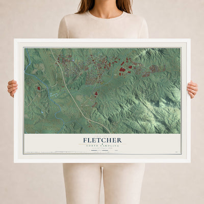 Map of Fletcher, North Carolina, 24 x 36 inch print in a white wood frame