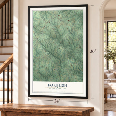 Forbush, North Carolina map, 24 x 36 inch print in a black frame by a staircase