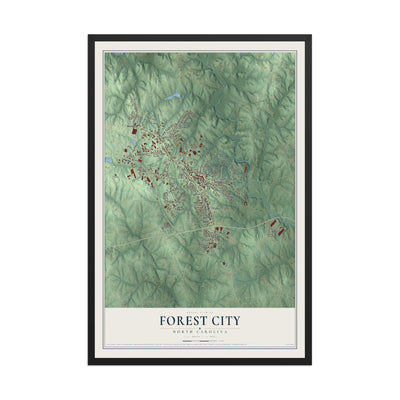 Map of Forest City, North Carolina, 12 x 18 inch print in a black wood frame