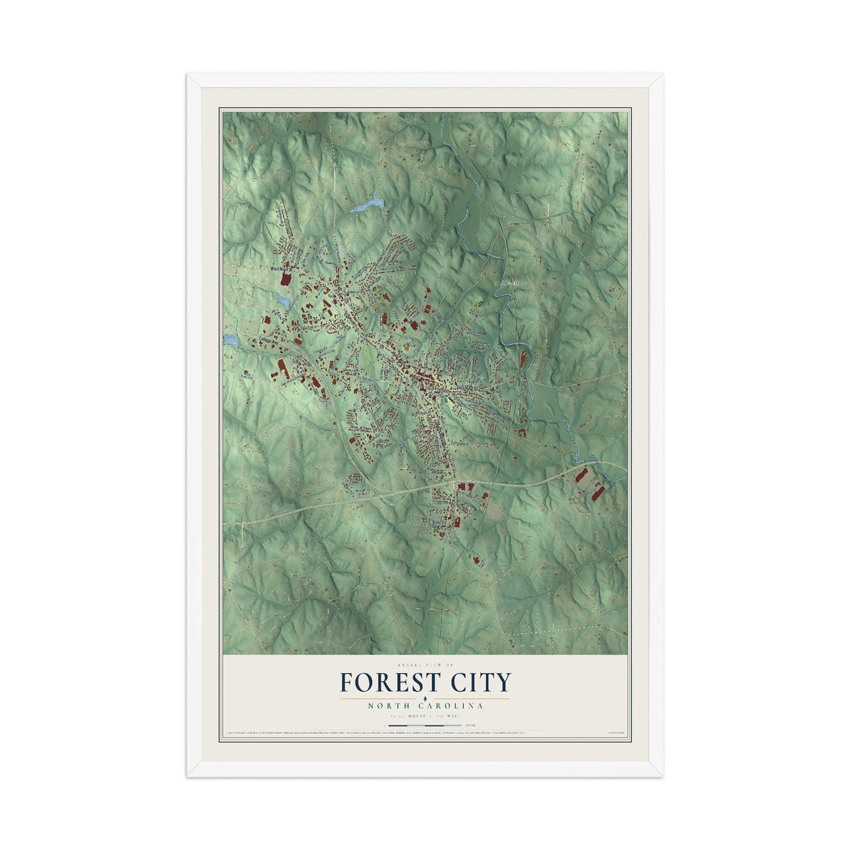 Map of Forest City, North Carolina, 12 x 18 inch print in a white wood frame