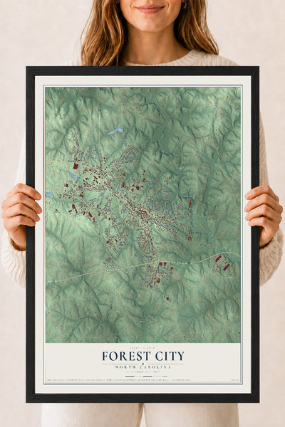 Map of Forest City, North Carolina, 18 x 24 inch print in a black wood frame