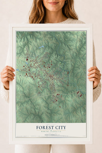 Map of Forest City, North Carolina, 18 x 24 inch print in a white wood frame