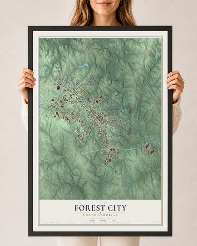 Map of Forest City, North Carolina, 24 x 36 inch print in a black wood frame