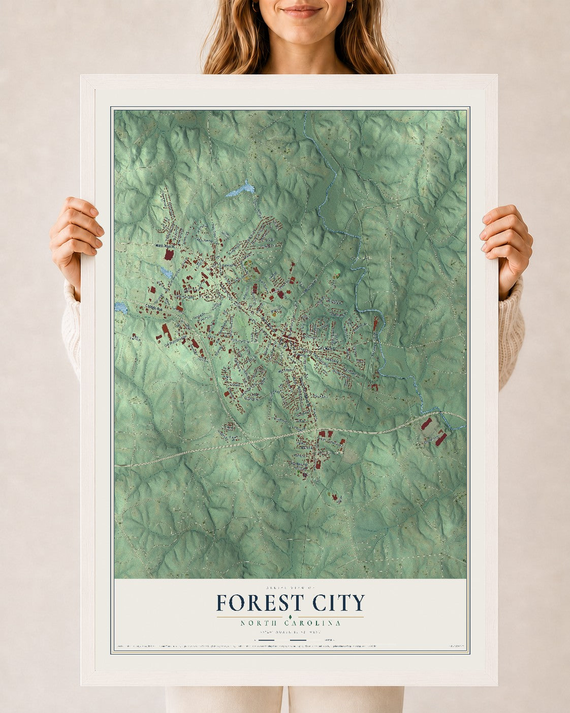 Map of Forest City, North Carolina, 24 x 36 inch print in a white wood frame