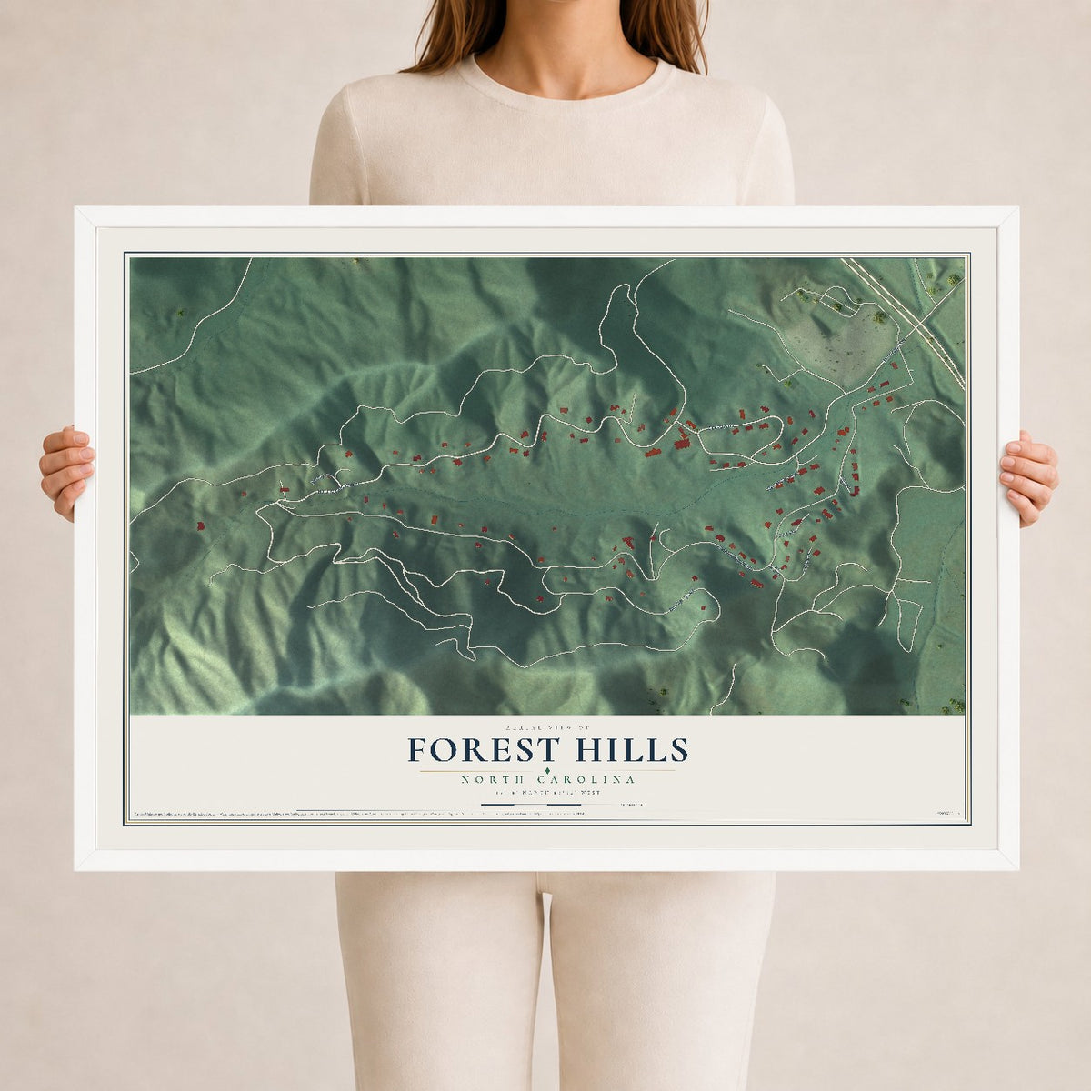 Map of Forest Hills, North Carolina, 24 x 36 inch print in a white wood frame