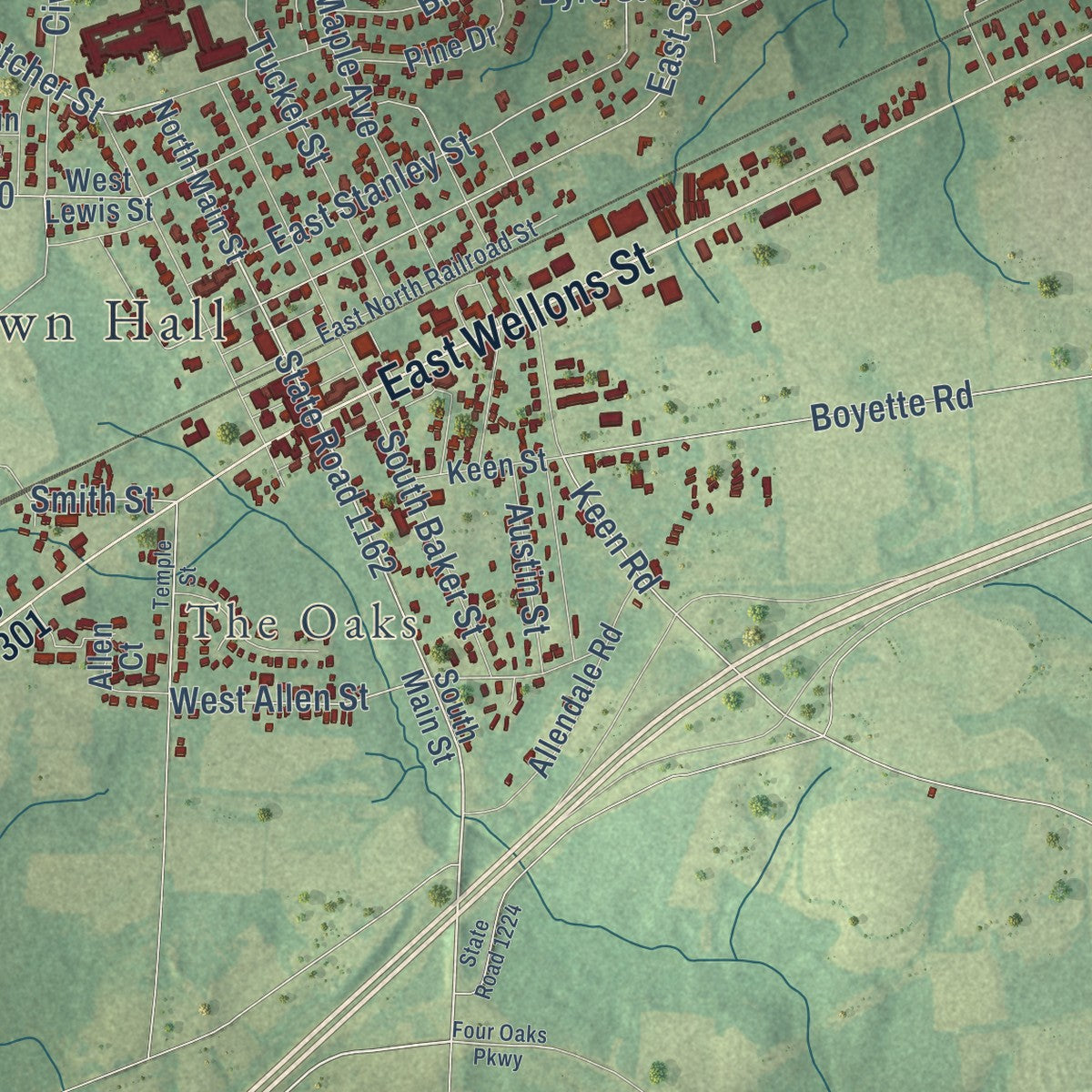 Close-up of the map of Four Oaks, North Carolina print showing street and building detail
