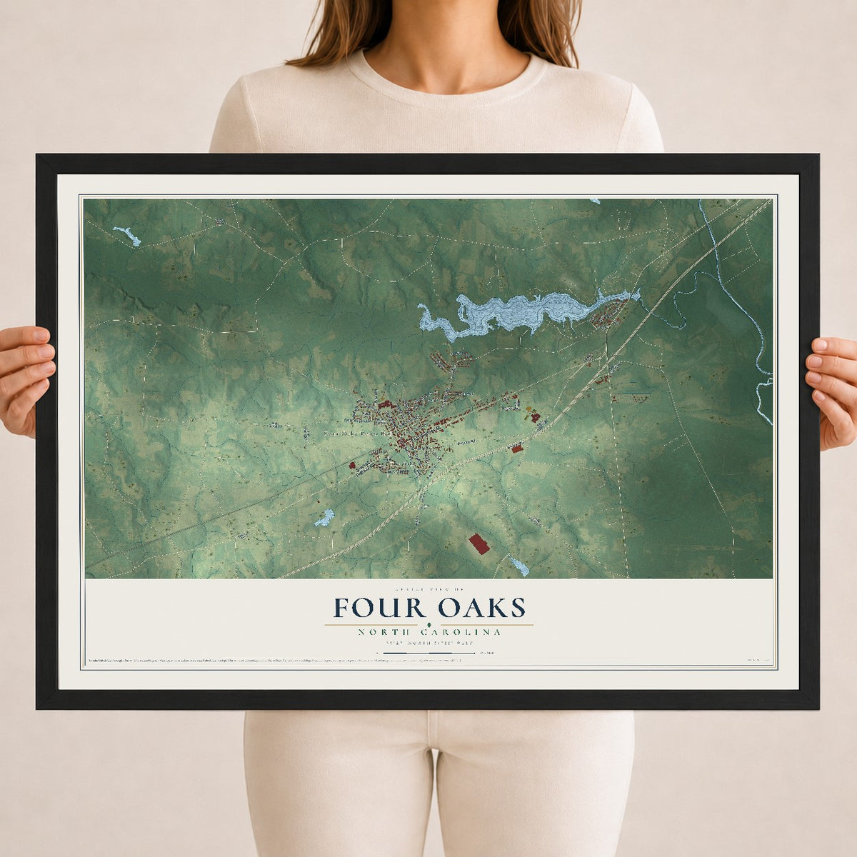 Map of Four Oaks, North Carolina, 18 x 24 inch print in a black wood frame