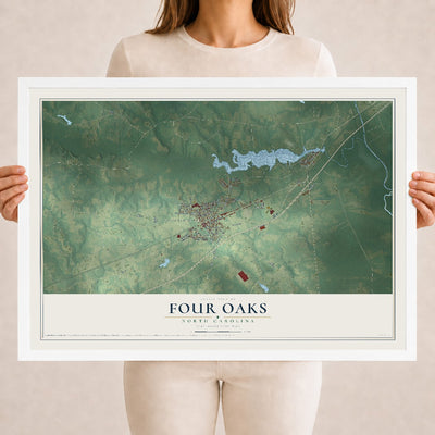 Map of Four Oaks, North Carolina, 18 x 24 inch print in a white wood frame