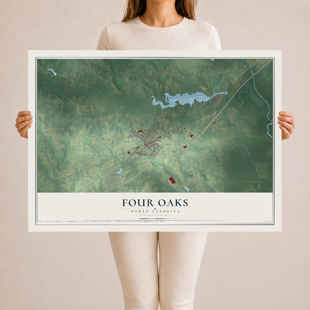Map of Four Oaks, North Carolina, 24 x 36 inch unframed archival matte print