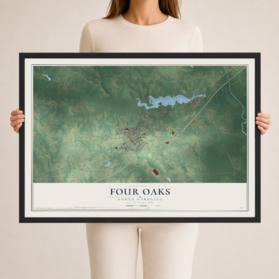 Map of Four Oaks, North Carolina, 24 x 36 inch print in a black wood frame