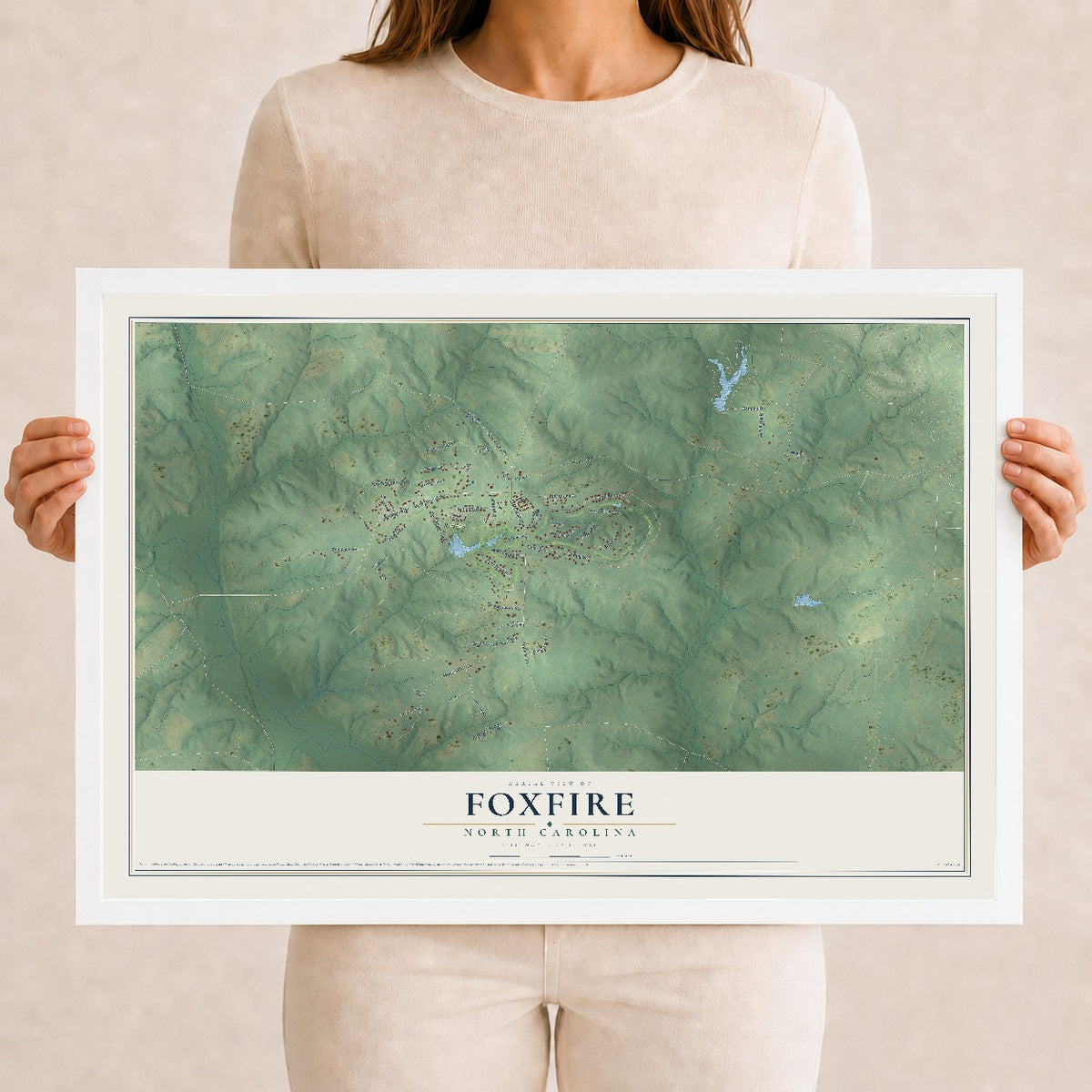 Map of Foxfire, North Carolina, 12 x 18 inch print in a white wood frame