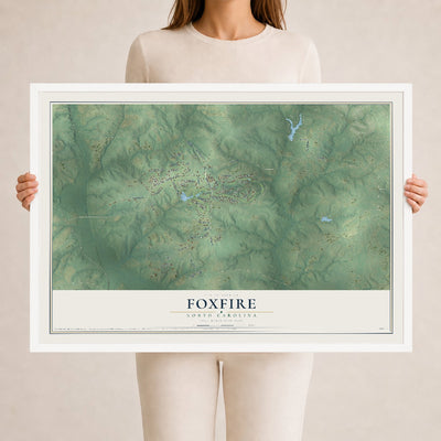 Map of Foxfire, North Carolina, 24 x 36 inch print in a white wood frame