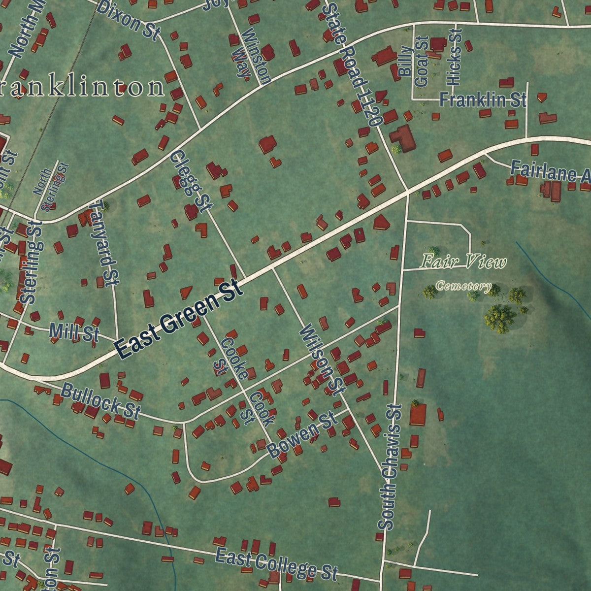 Second close-up of the map of Franklinton, North Carolina print showing more streets and buildings