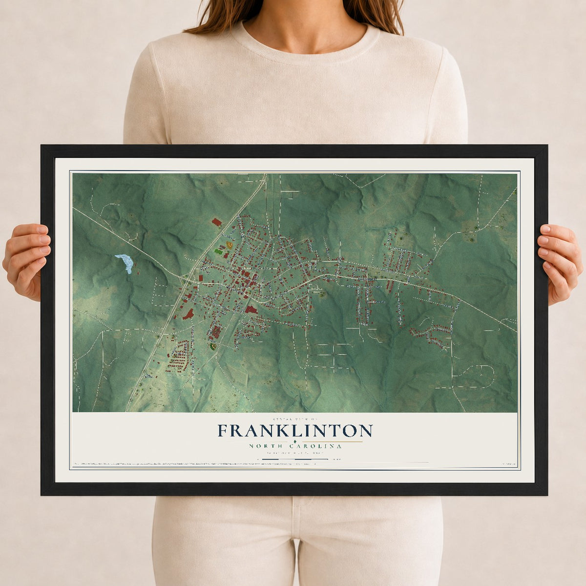 Map of Franklinton, North Carolina, 12 x 18 inch print in a black wood frame