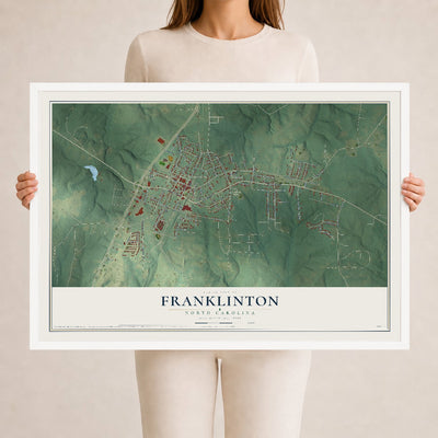 Map of Franklinton, North Carolina, 24 x 36 inch print in a white wood frame