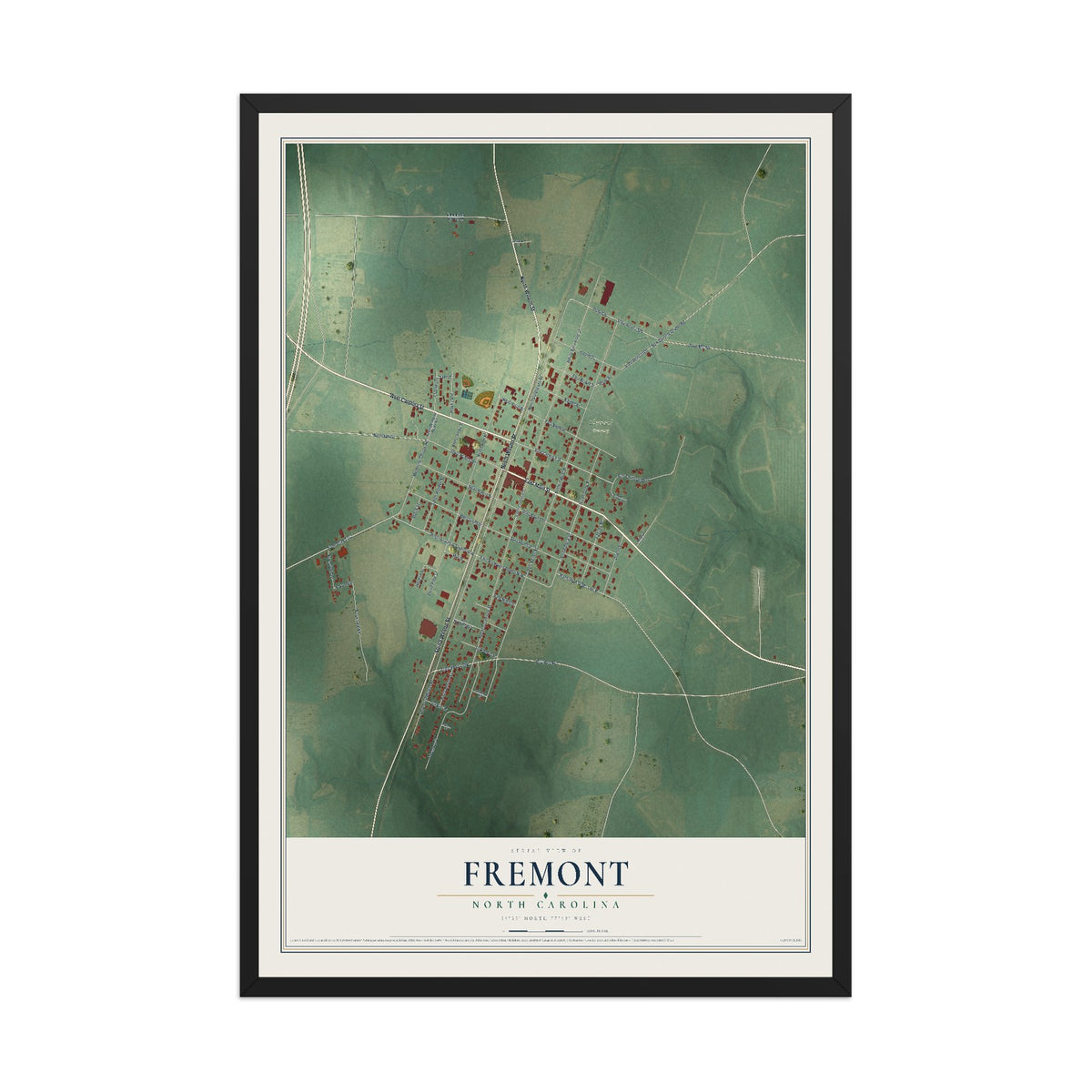 Map of Fremont, North Carolina, 12 x 18 inch print in a black wood frame
