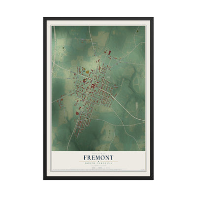 Map of Fremont, North Carolina, 12 x 18 inch print in a black wood frame