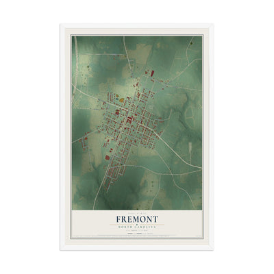 Map of Fremont, North Carolina, 12 x 18 inch print in a white wood frame