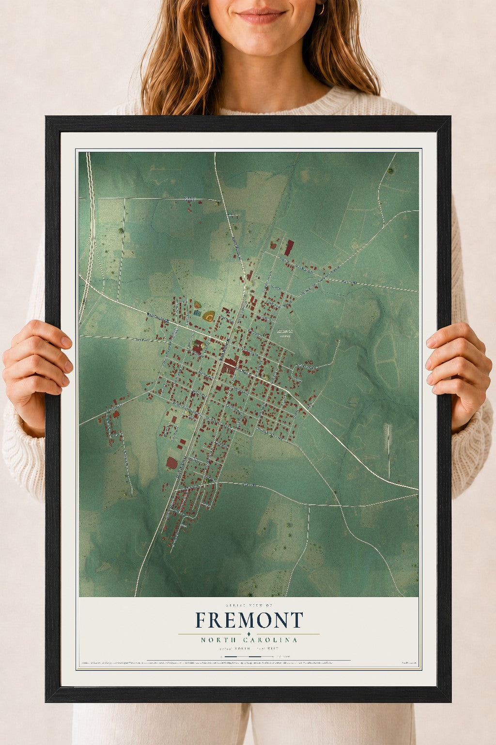 Map of Fremont, North Carolina, 18 x 24 inch print in a black wood frame