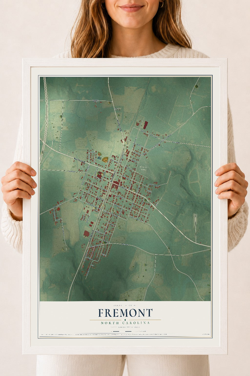 Map of Fremont, North Carolina, 18 x 24 inch print in a white wood frame