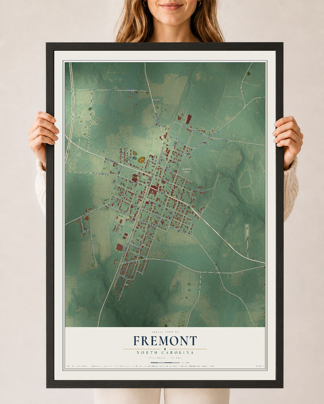 Map of Fremont, North Carolina, 24 x 36 inch print in a black wood frame