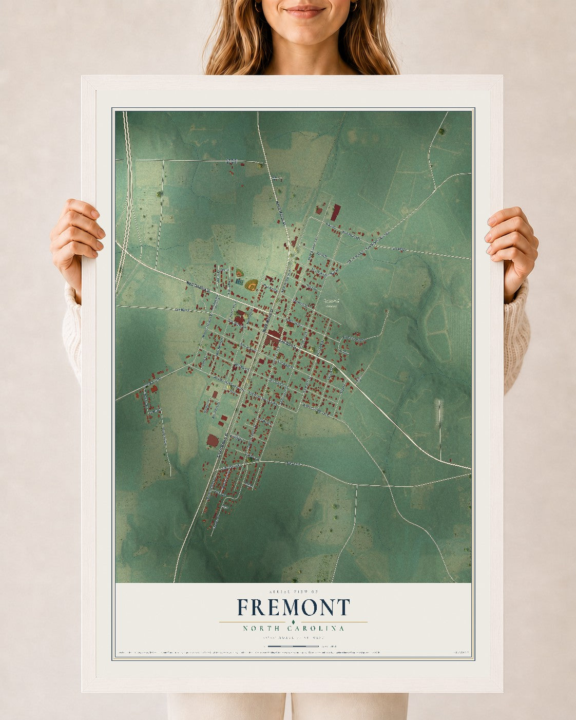 Map of Fremont, North Carolina, 24 x 36 inch print in a white wood frame