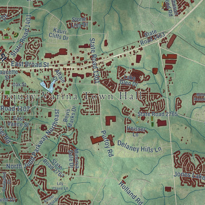 Close-up of the map of Fuquay-Varina, North Carolina print showing street and building detail