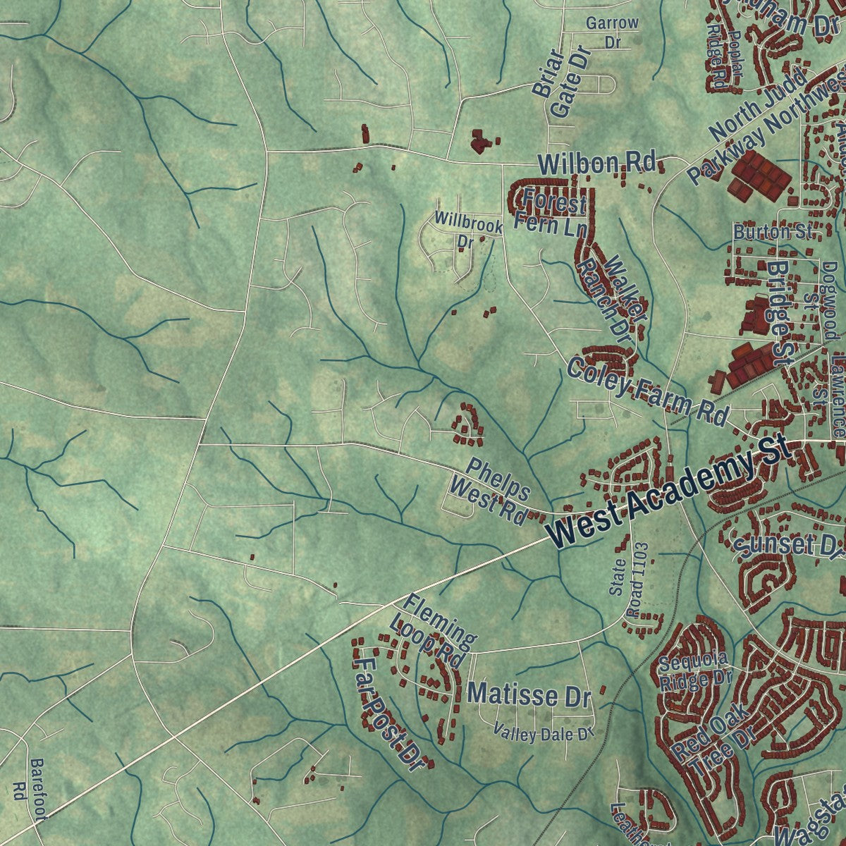 Second close-up of the map of Fuquay-Varina, North Carolina print showing more streets and buildings