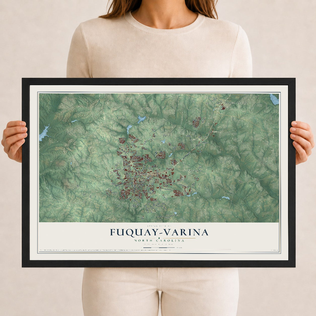 Map of Fuquay-Varina, North Carolina, 12 x 18 inch print in a black wood frame