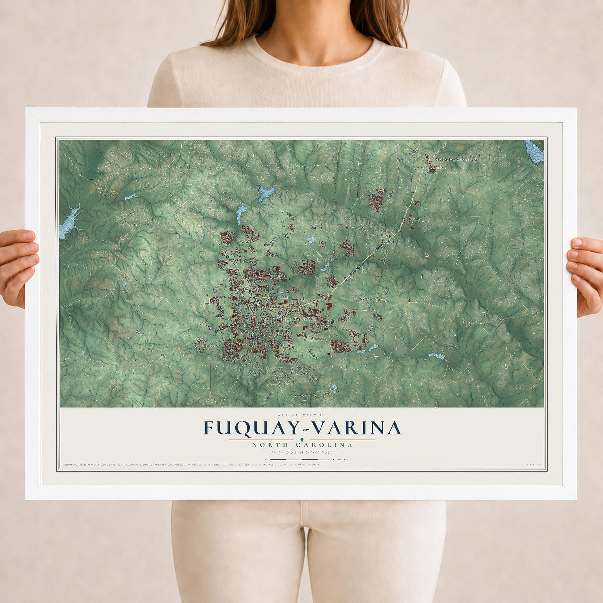 Map of Fuquay-Varina, North Carolina, 18 x 24 inch print in a white wood frame