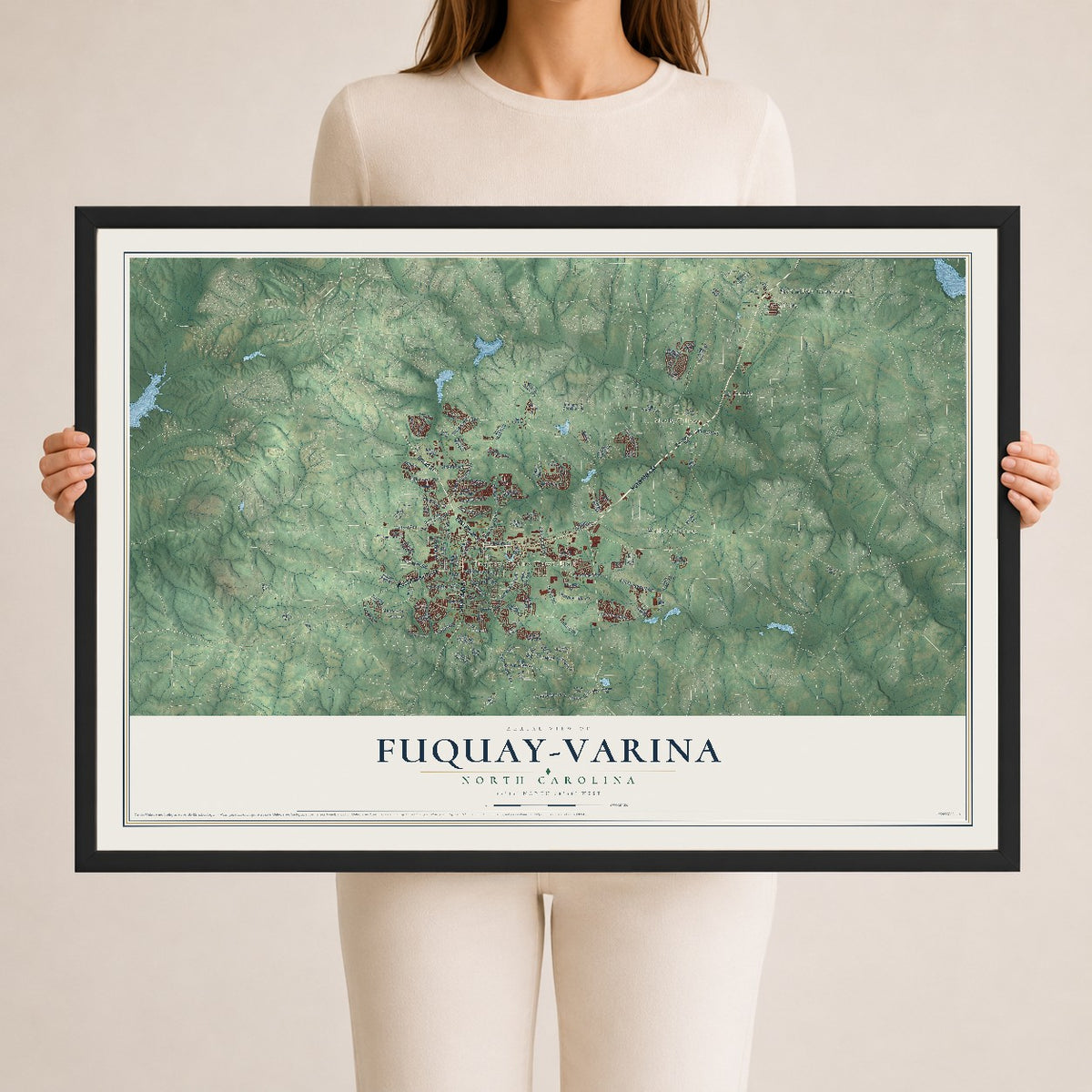 Map of Fuquay-Varina, North Carolina, 24 x 36 inch print in a black wood frame