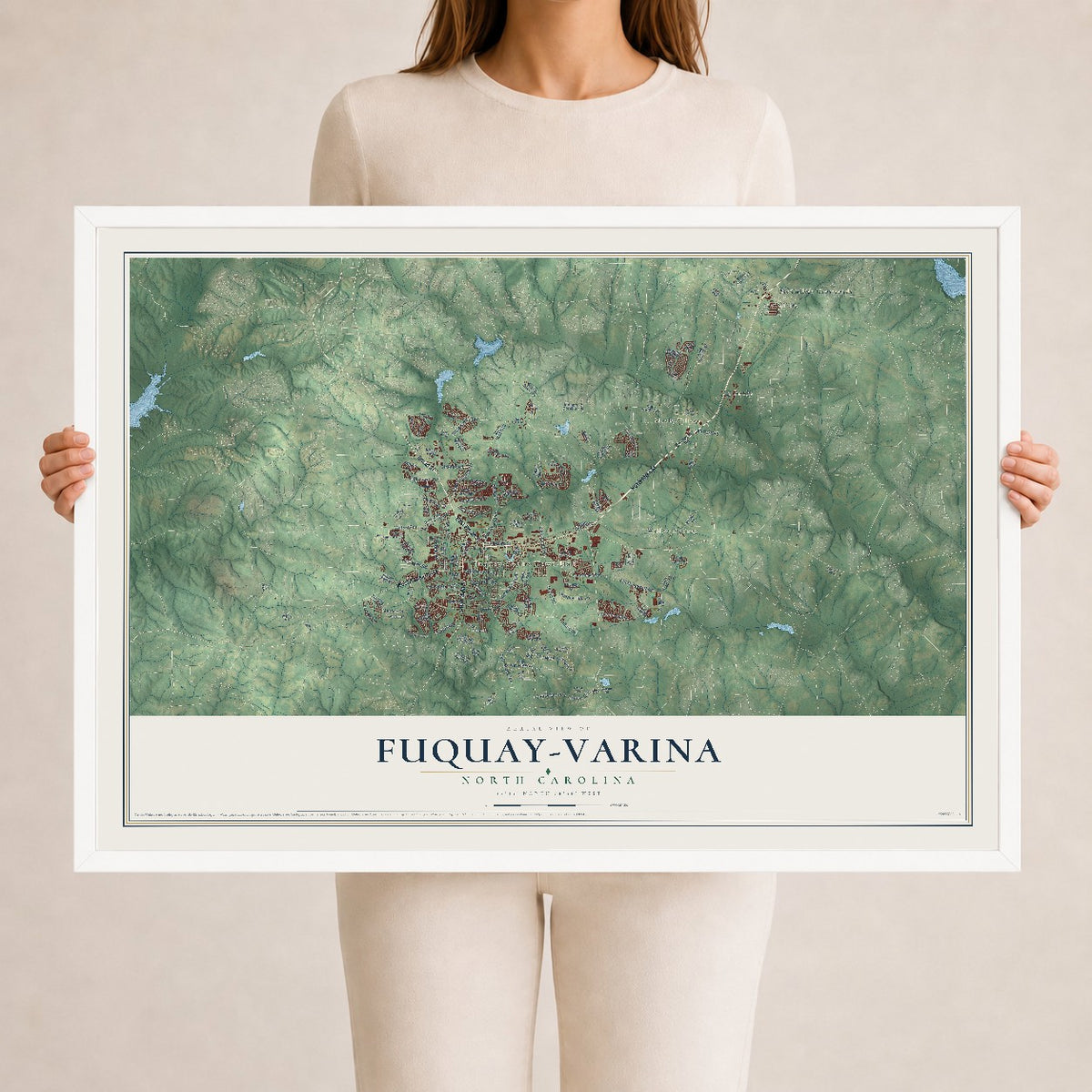 Map of Fuquay-Varina, North Carolina, 24 x 36 inch print in a white wood frame