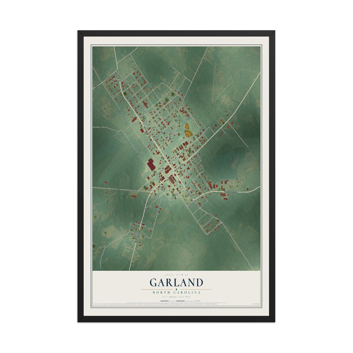 Map of Garland, North Carolina, 12 x 18 inch print in a black wood frame