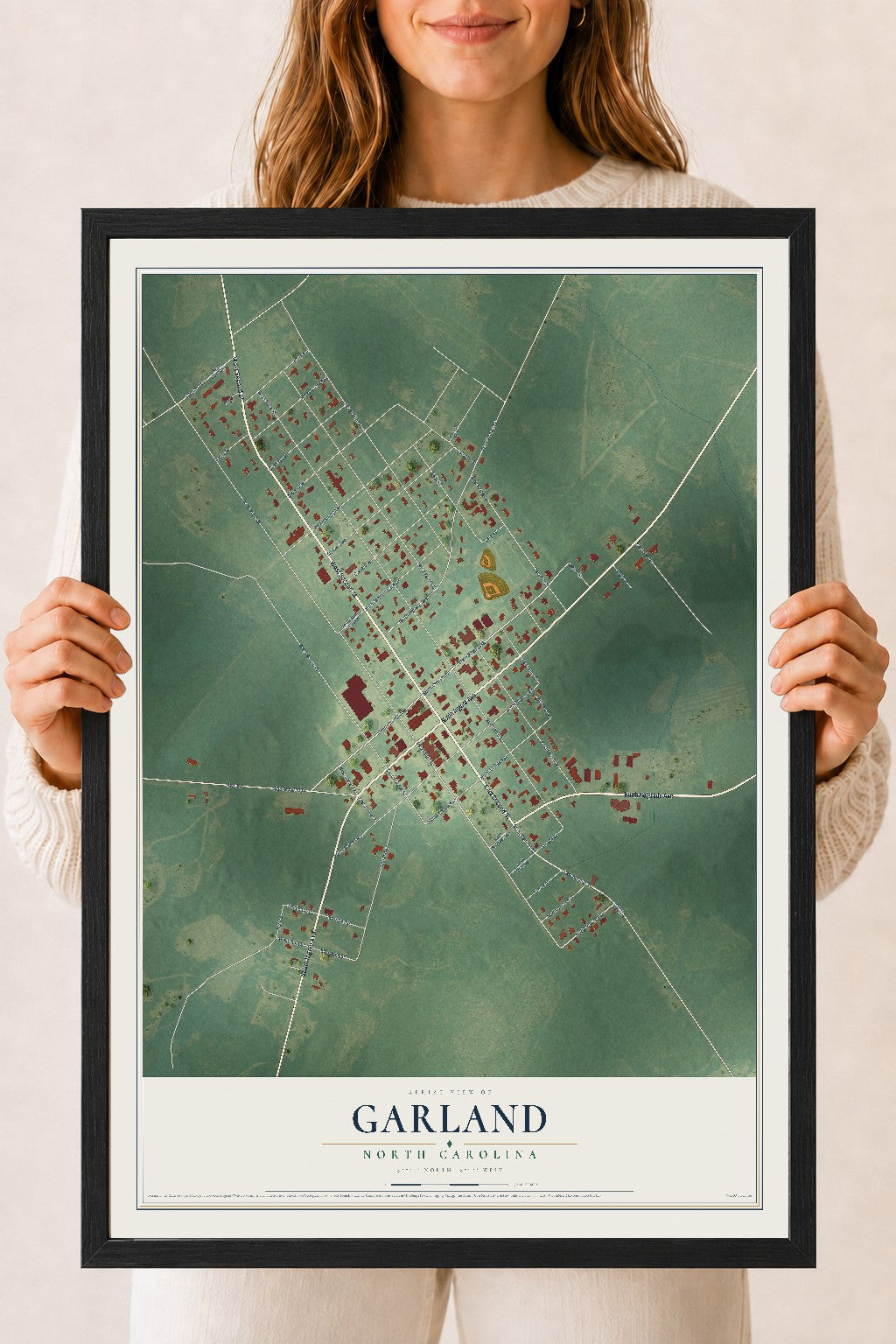Map of Garland, North Carolina, 18 x 24 inch print in a black wood frame