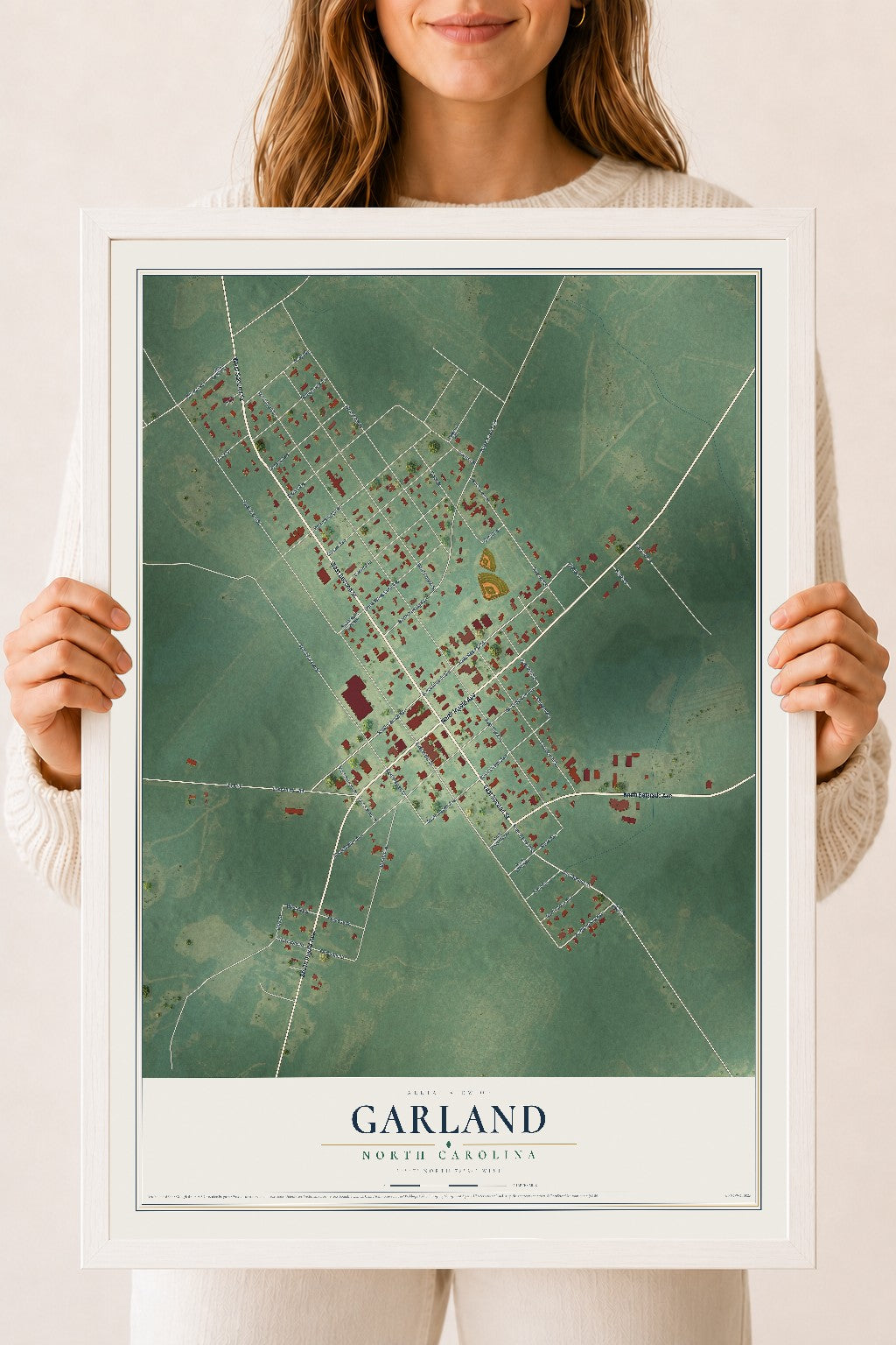 Map of Garland, North Carolina, 18 x 24 inch print in a white wood frame