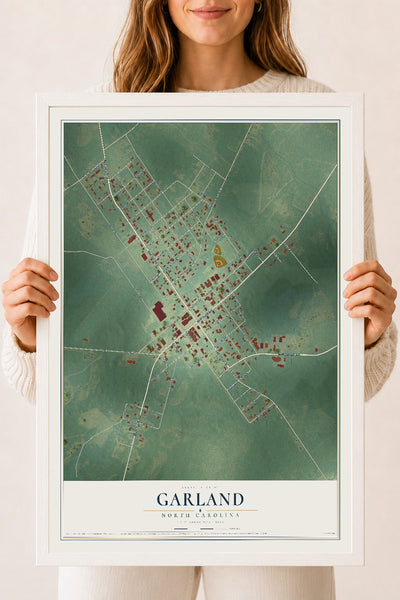 Map of Garland, North Carolina, 18 x 24 inch print in a white wood frame