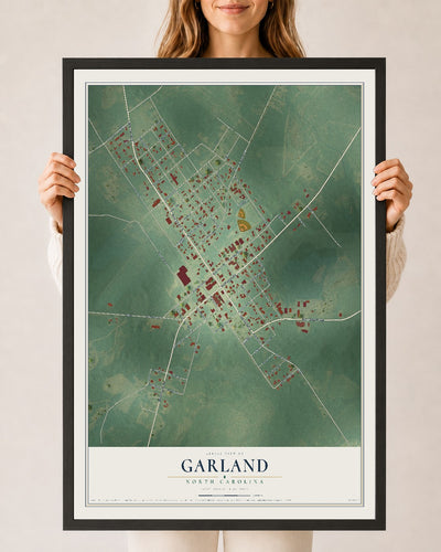 Map of Garland, North Carolina, 24 x 36 inch print in a black wood frame