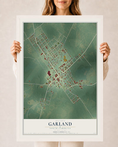Map of Garland, North Carolina, 24 x 36 inch print in a white wood frame