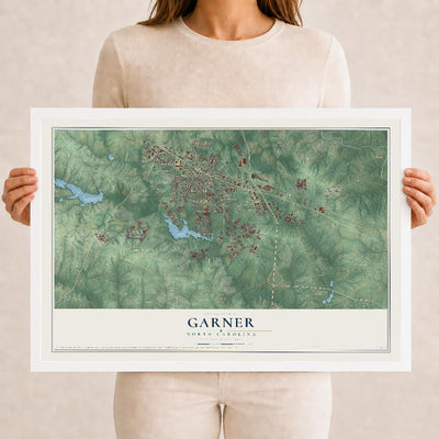 Map of Garner, North Carolina, 12 x 18 inch print in a white wood frame